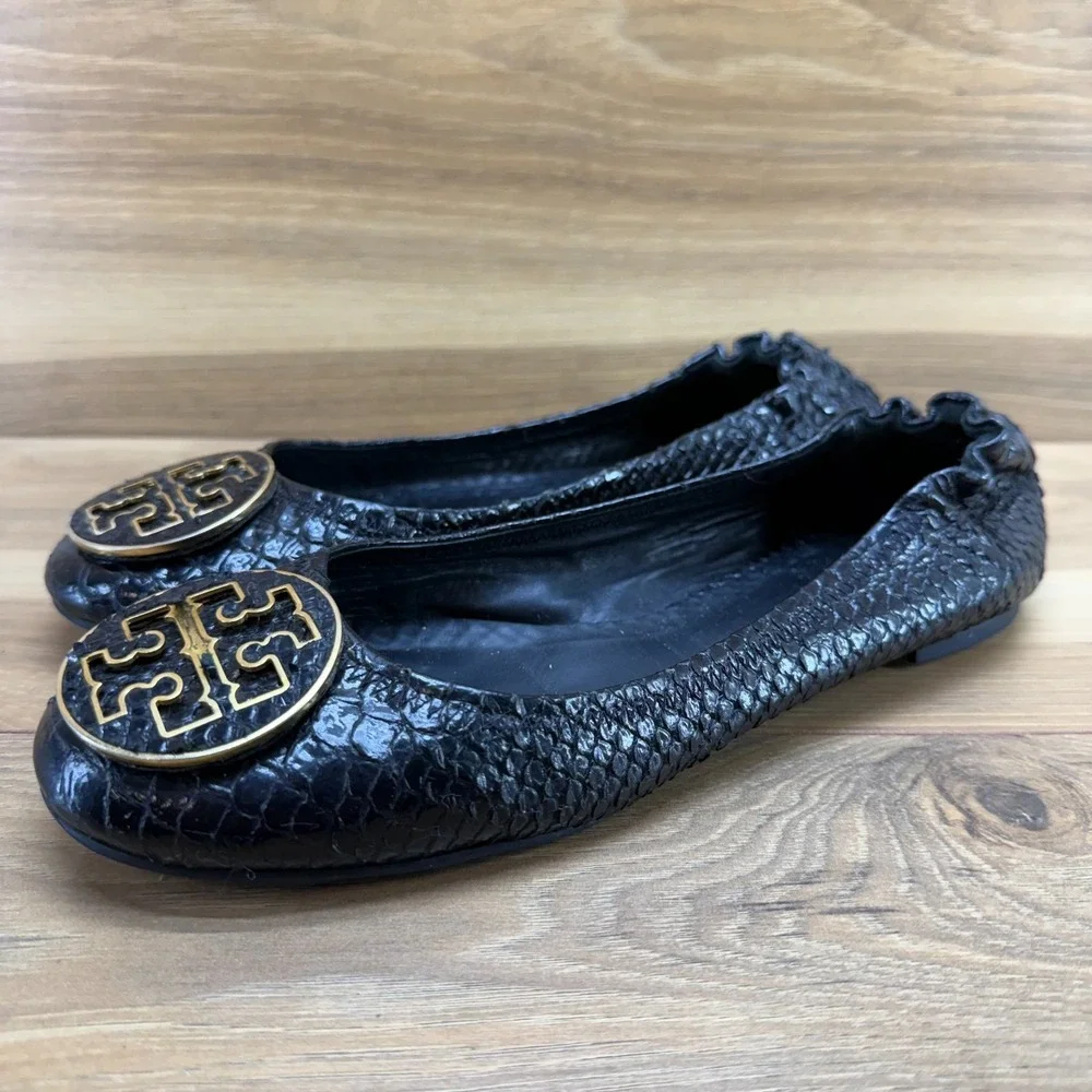 Tory Burch Reva Flats Black Womens 9 M Black Snake Embossed Gold Logo Office